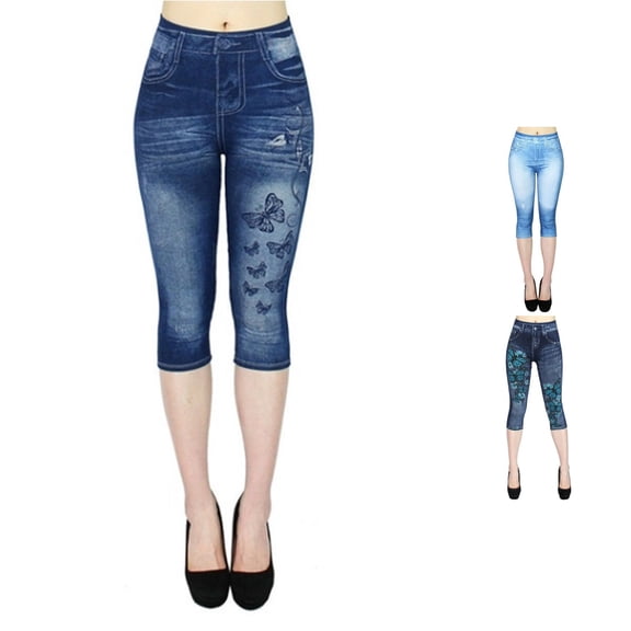 XIAONU Butterfly Print Capri Pants for Women High Waist Denim Capris