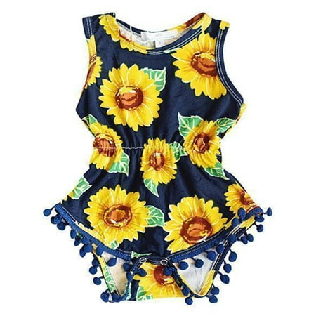 

Pudcoco Baby Girl Sunflower Print Romper Sleeveless Tassel Bodysuit