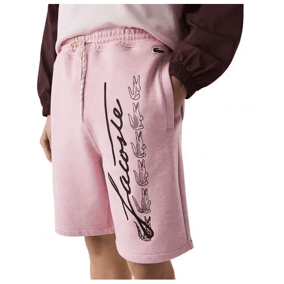 Men's Lacoste Pink Signature Print Cotton Fleece Shorts - 8/3XL