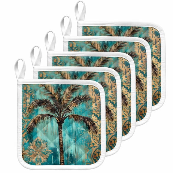 Boho Coastal Beach Pot Holders for Kitchen Heatproof Potholder, 5 Pack Summer Ocean Tropical Tree Flower Hot Pads Multipurpose Oven Pads Cloth Potholders Trivet for Cooking Baking