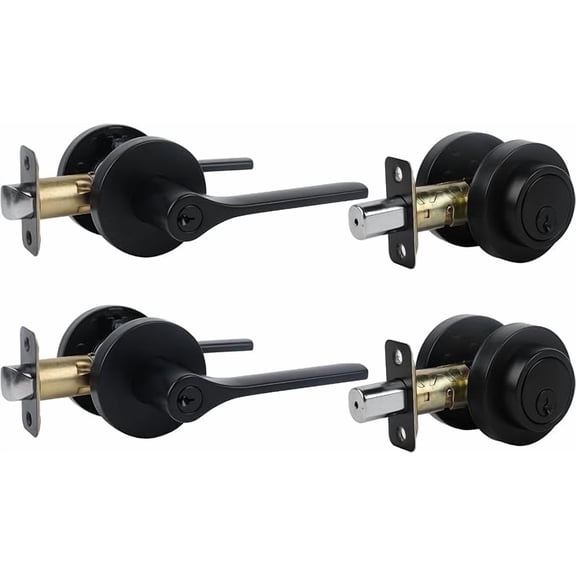 Door Handle Exterior with Deadbolt Set,Keyed Alike Front Door Handle Roundness Heavy Duty Door Handle with Deadbolt Locks, Deadbolt Lock and Door Knob Set for Exterior Doors Matte Black, 2Pack