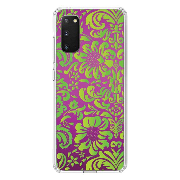 DistinctInk Clear Shockproof Hybrid Case for Galaxy S20 ULTRA / 5G (6.9" Screen) - TPU Bumper, Acrylic Back, Tempered Glass Screen Protector - Purple Green Floral Pattern