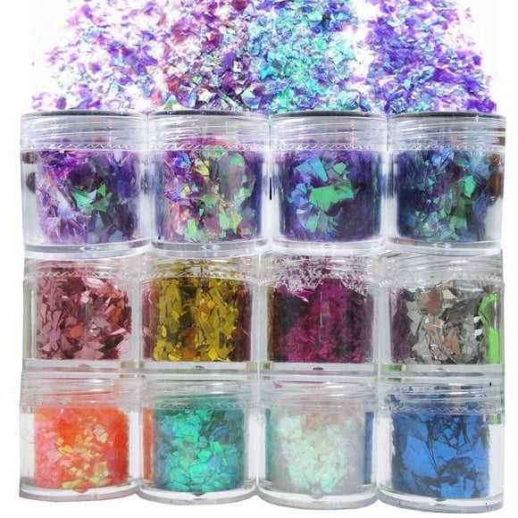 Kit de 12 colores iridiscentes de copos de purpurina gruesa, resina irregular, epoxi, arte, pintura, purpurina, accesorios para festivales, cosméticos, cuerpo, purpurina, pegatinas de lentejuelas, dec