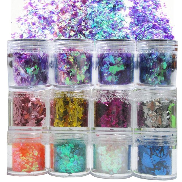 Kit de 12 colores iridiscentes de copos de purpurina gruesa, resina irregular, epoxi, arte, pintura, purpurina, accesorios para festivales, cosméticos, cuerpo, purpurina, pegatinas de lentejuelas, dec
