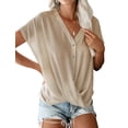 thumbnail image 1 of Women Solid Color V Neck Batwing Sleeve Cross Drape Front Buttons T-Shirt, 1 of 5