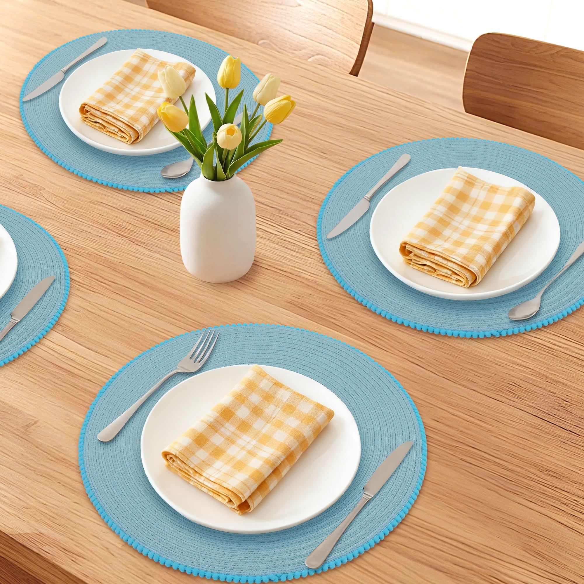 Unique Bargains Rustic Round Placemats 6Pcs Woven Placemats Blue 15x15inch