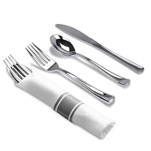 Juego de cubiertos desechables de 12 piezas, servilleta de boda, toalla de papel, vajilla de plástico preenrollada, vajilla de plata, decoración de fiesta de cumpleaños