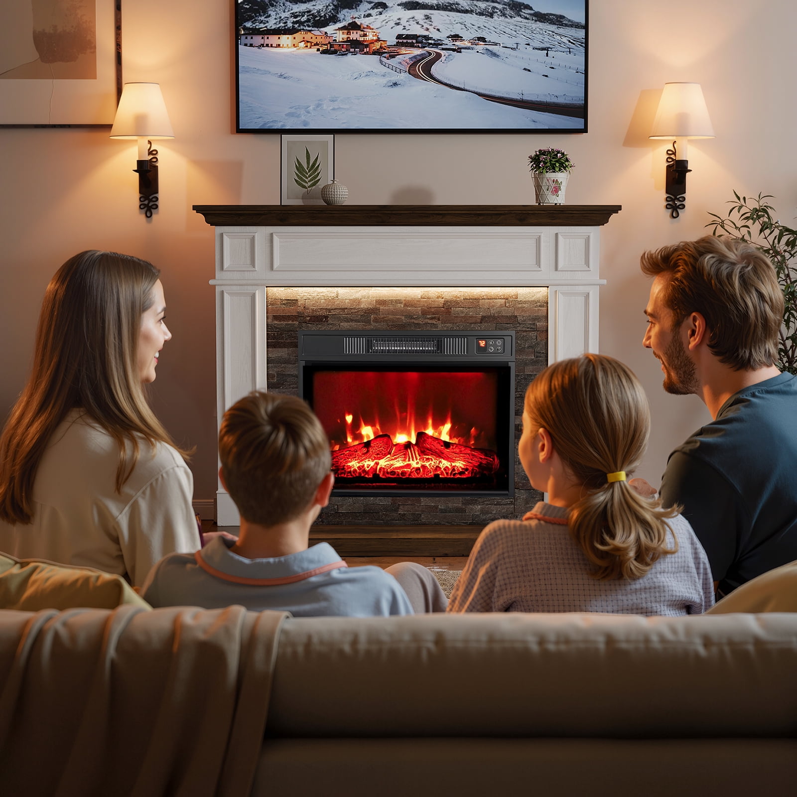 LGHM 44" Electric Fireplace with Mantel, Free Standing Fireplace Heater with LED Lights for Living Room, Bedroom, White & Brown