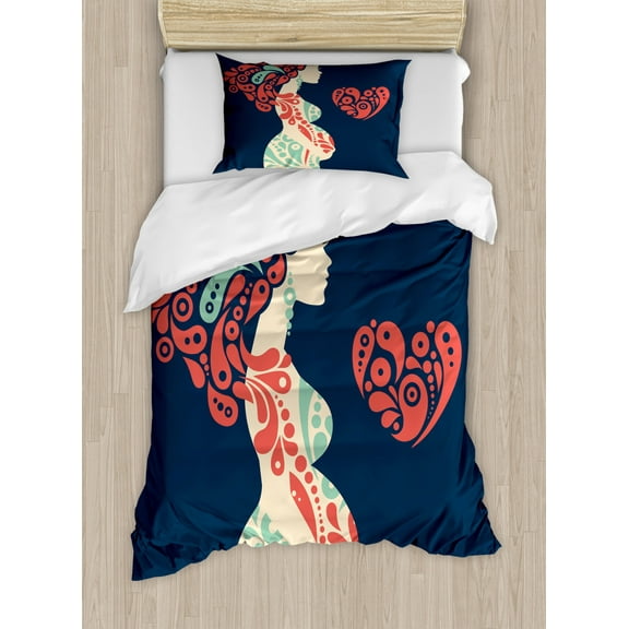 Abstract Duvet Cover Set Twin Size, Motherhood Theme Pregnant Woman and Heart, Decorative 2 Piece Bedding Set with 1 Pillow Sham, Almond Green Dark Peach Champagne Dark Violet Blue, by Ambesonne