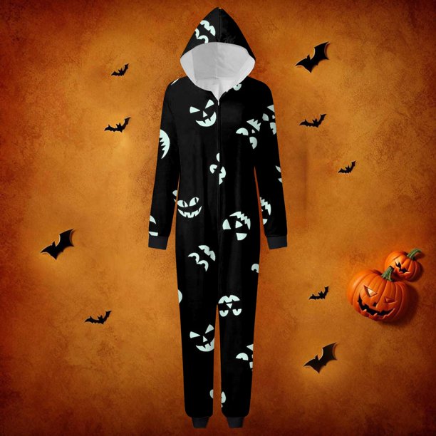 Family Halloween Pjs Matching Sets Halloween Print Long Sleeve Zippered One Piece Pajama Hooded Jumpsuit Winter Halloween Pjs Family Set