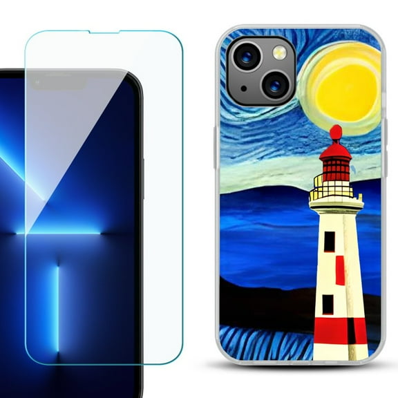 OneToughShield ® for iPhone 15 Fashion Phone Case, with Tempered Glass Screen Protector - Starry Night Lighthouse