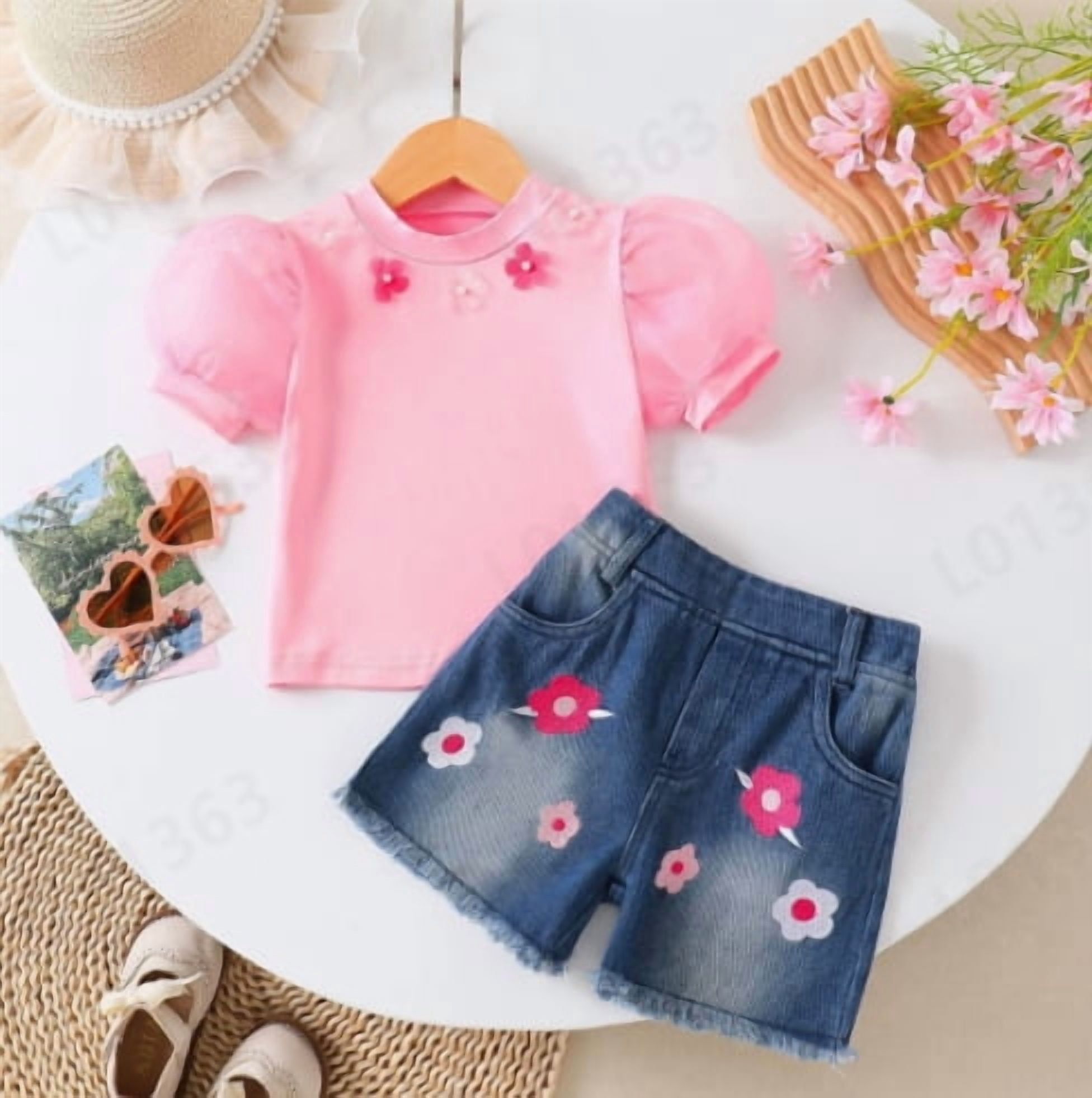 mgoYE Toddler Baby Girl Clothes Summer Floral Print Short Sleeve Tee Shirt Jeans Shorts Cute Outfit Girls Clothing Set Size 2-3 Years Pink