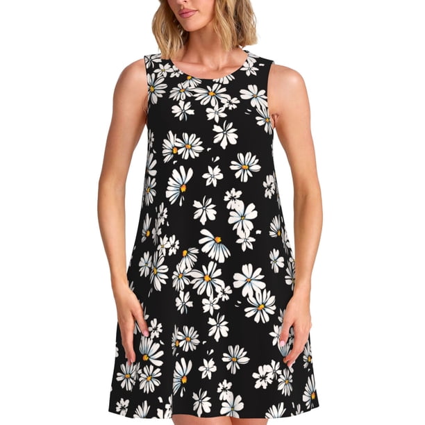Fotbe Daisies Flowers Vestido de Verano sin Mangas para Mujer – Vestido Midi Línea A, Estilo Camiseta Floral, Vestido Playero Casual y Fluido