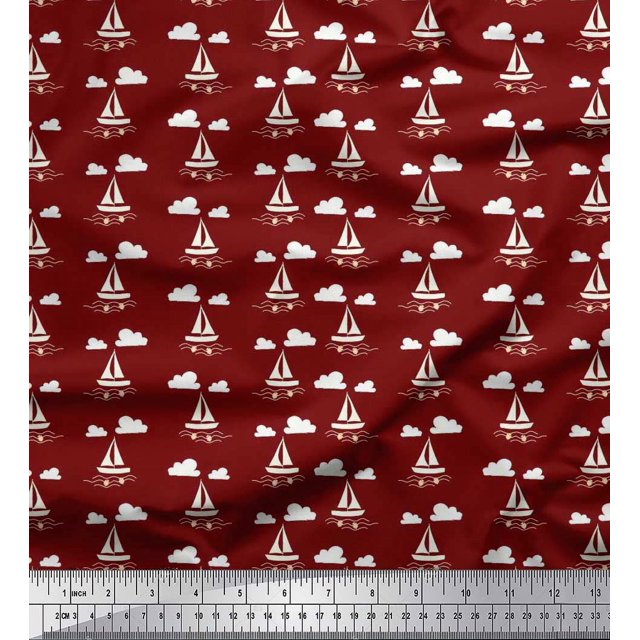 Soimoi Poly Georgette Fabric Cloud,Fish & Yacht Nautical Decor Fabric Printed Yard 52 Inch Wide