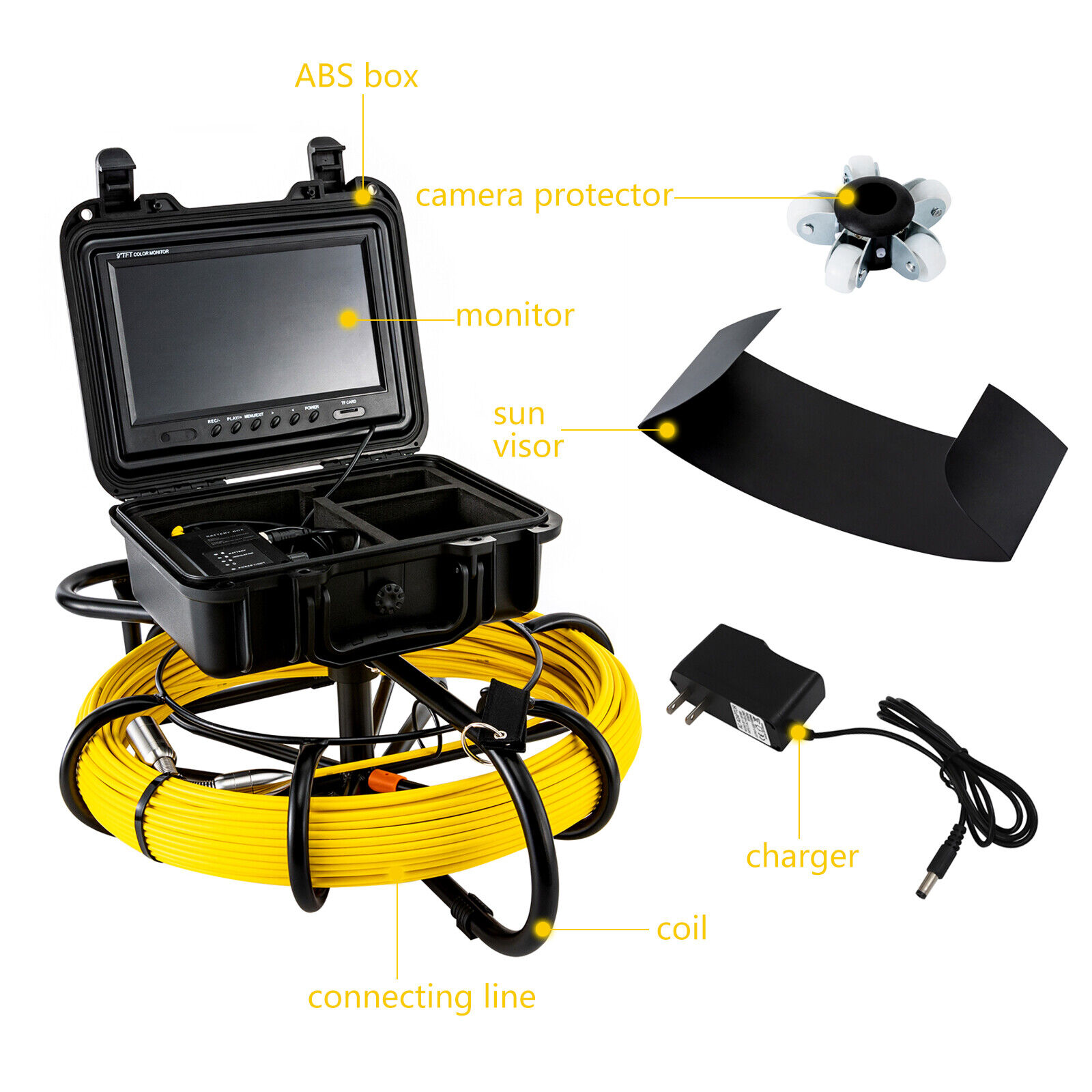 Miumaeov 200ft Industrial Endoscope Camera with Light & 9" LCD Screen + 8GB SD for 2" Dia Pipe Industrial Inspection Mirror System Drain Sewer Camera