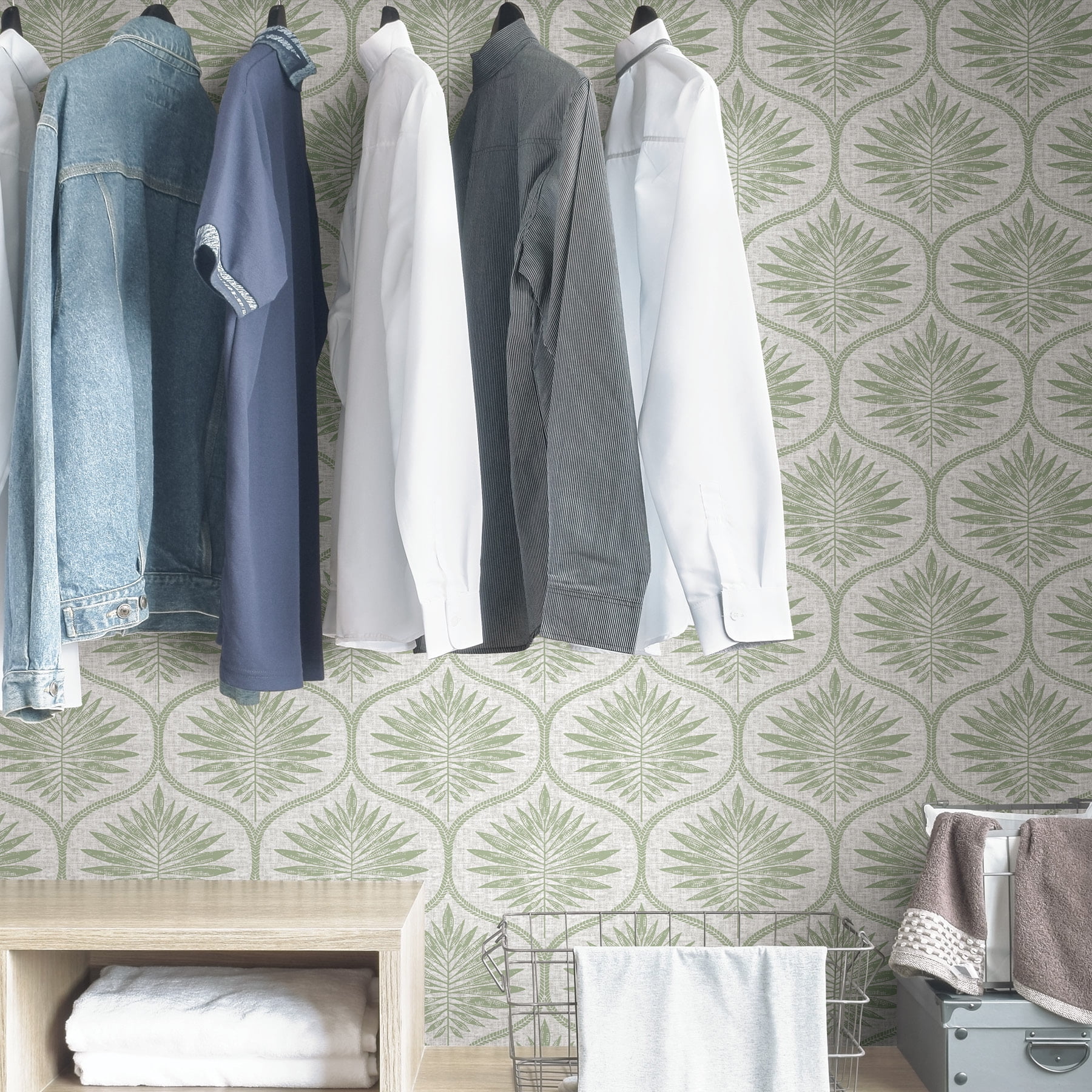 NuWallpaper Green Primitive Leaves Vinyl Peel And Stick Wallpaper, 216-in by 20.5-in, 30.75 sq. ft.