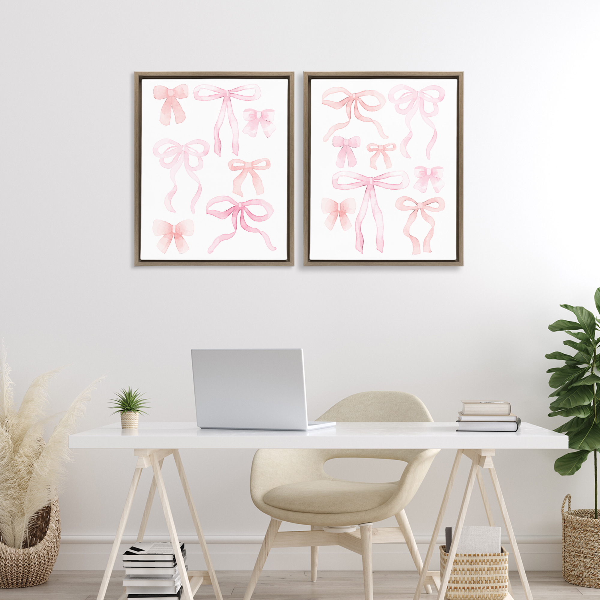 Elegant & Soft Bows 2 Piece Brown Framed Floater Canvas Set, design by Kim Allen