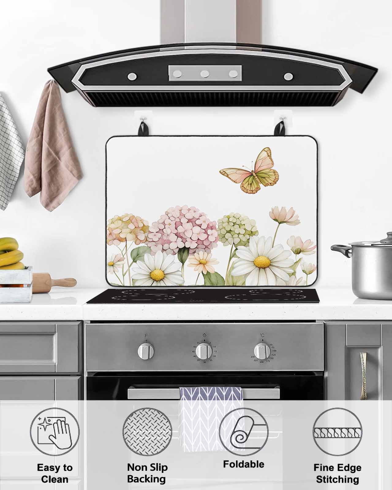 nqOlkjepod Large Induction Cooktop Protector Mat 36"x21", Spring Floral Stove Top Covers for Electric Stove, Pastoral Flower Summer Botanical White Stove Burner Cover Mats, Glass Top Stove Cover