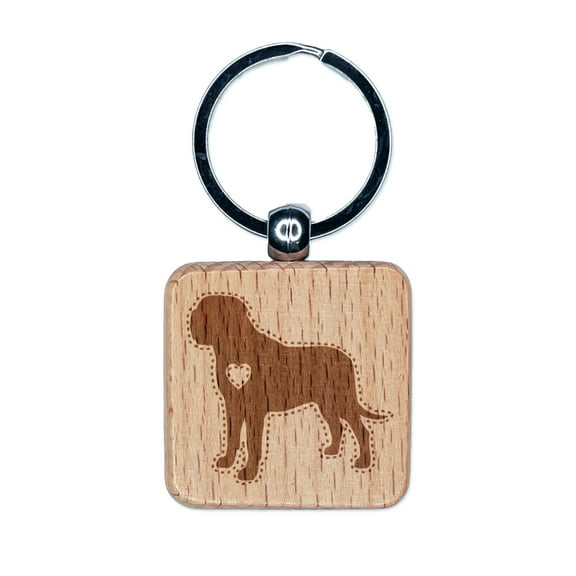 English Mastiff Dog with Heart Square Keychain Charm Tag - Engraved Wood
