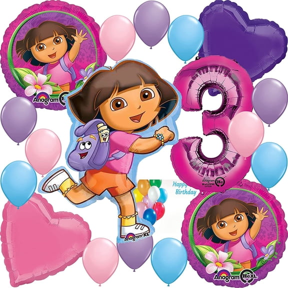 Amscan Dora Birthday Party Supplies Decorations Balloon Bundle with Dora Character Mylar's, Large Dora Mylar, Heart Mylar's, Large Pink Number 3 and Latex Balloons (8 Items)