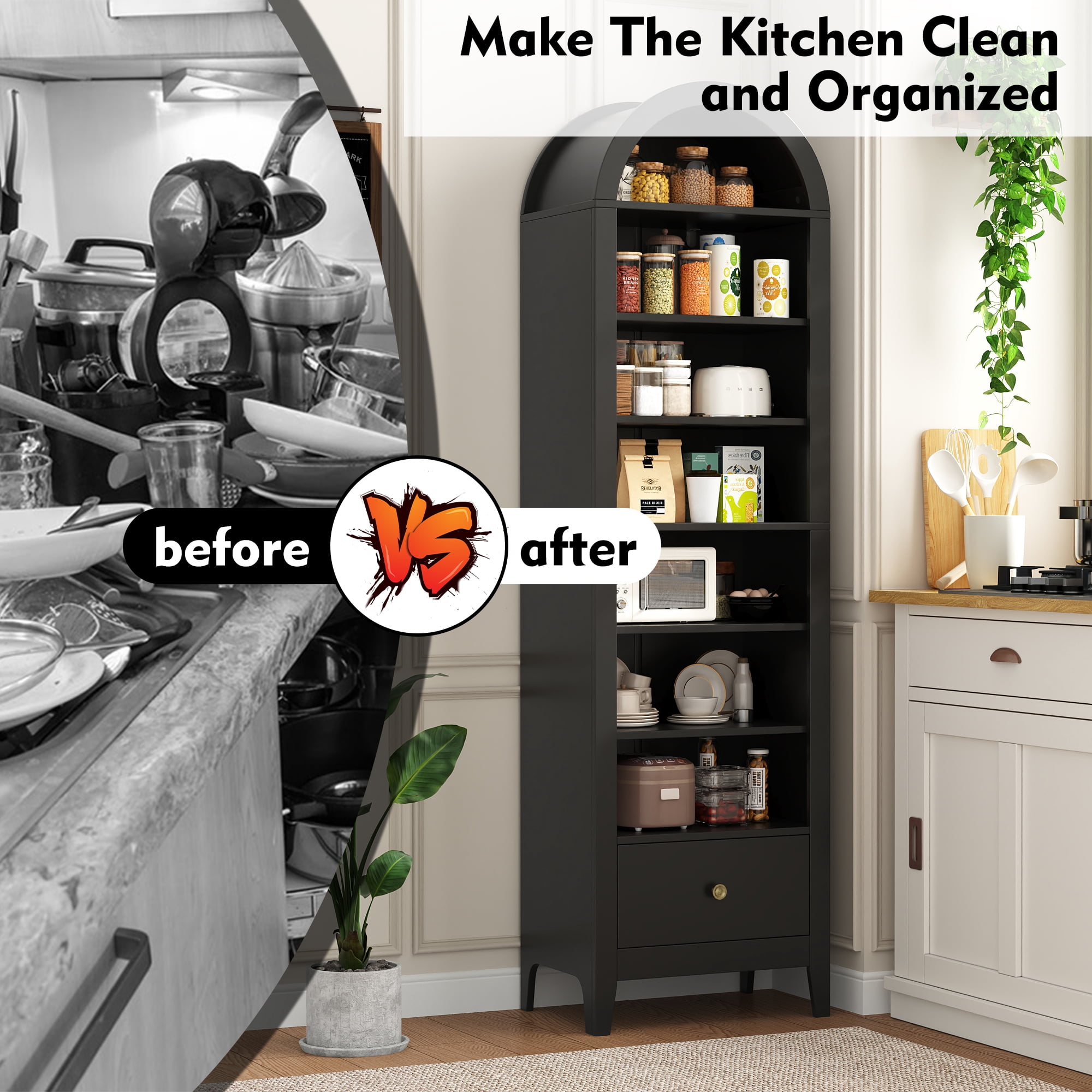 NEGYLIM 71" Tall Arched Storage Cabinet with Drawer, Freestanding Kitchen Pantry Cabinet with Doors and 8 Adjustable Shelves, Narrow Tall Cabinet for Bathroom Living Room Office, Black