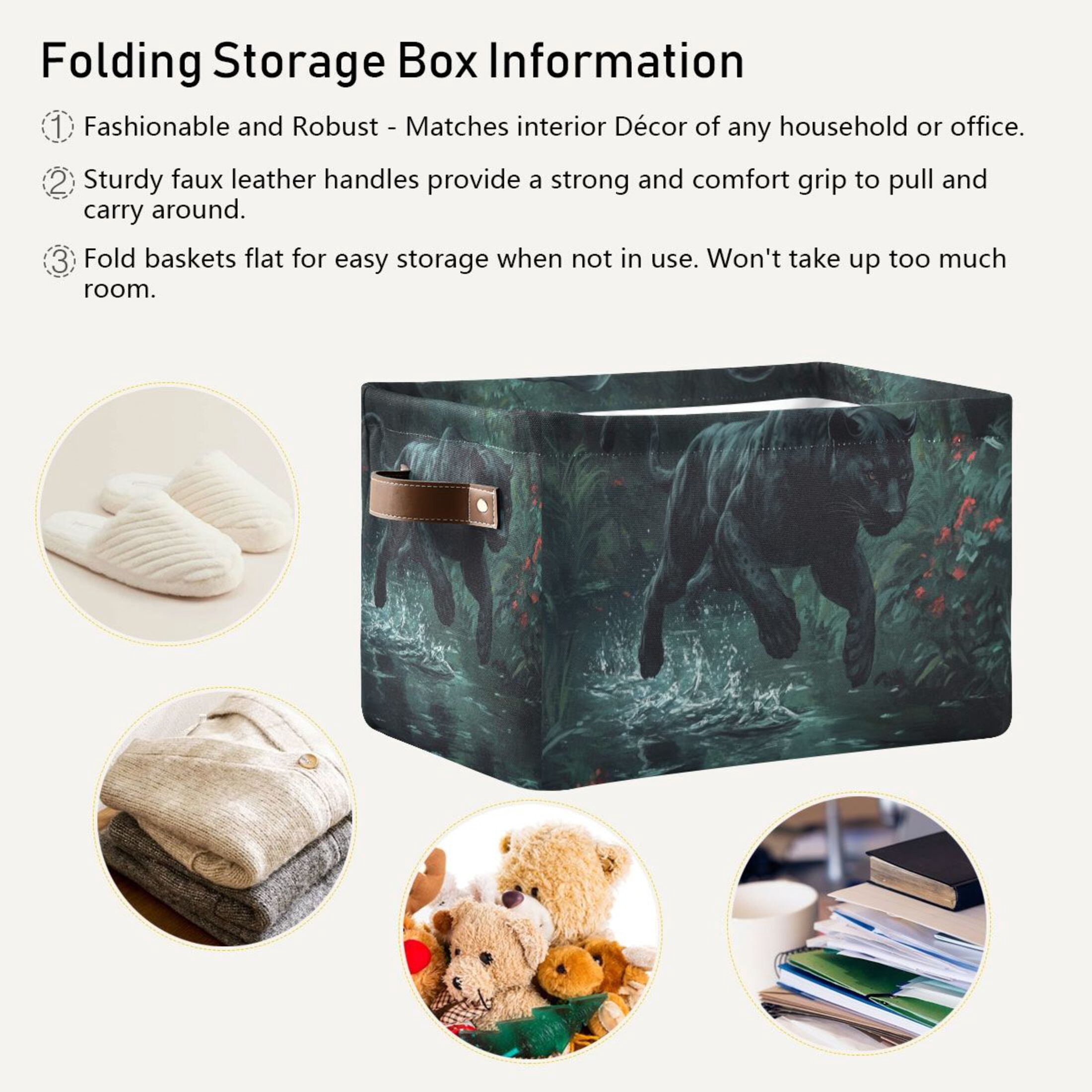 WOBOGO Black Panther Leaping over Water Square Storage Basket with Waterproof Canvas and PE Lining Durable PU Leather Handles 14.2×10.2×8.3in