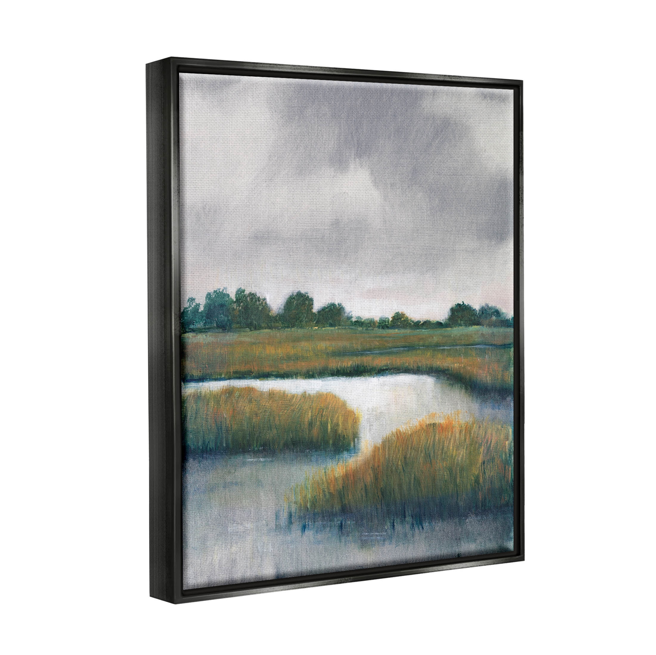 Stupell Industries Rural Marshland River Grass Painting Jet Black Floating Framed Canvas Print Wall Art, Design by Tim OToole