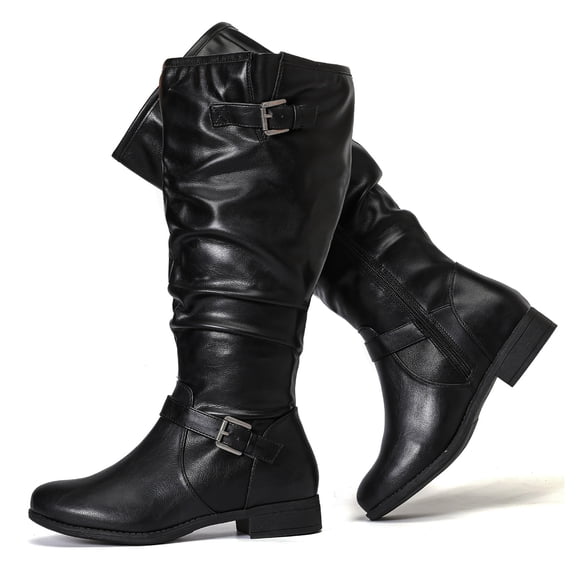 Love Steetly Women's Extra Wide Calf Knee High Boots, Slouched Shaft Tall Boots, Dual Antique Buckles, Low Stacked Heel Side Zipper Riding Boots.