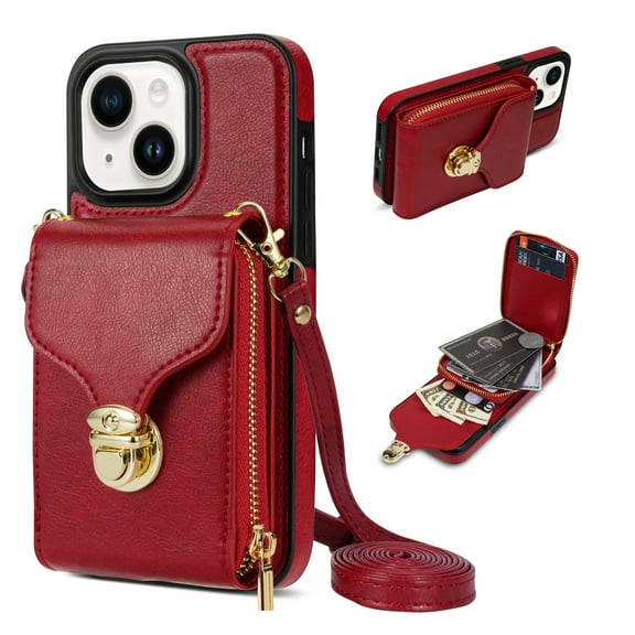 Nalacover Wallet Case for iPhone 15 Plus,with Removable Adjustable Shoulder Strap,PU Leather Back Zipper Pocket Card Holder Stand Purse Shockproof Phone Case for Women Men,Red