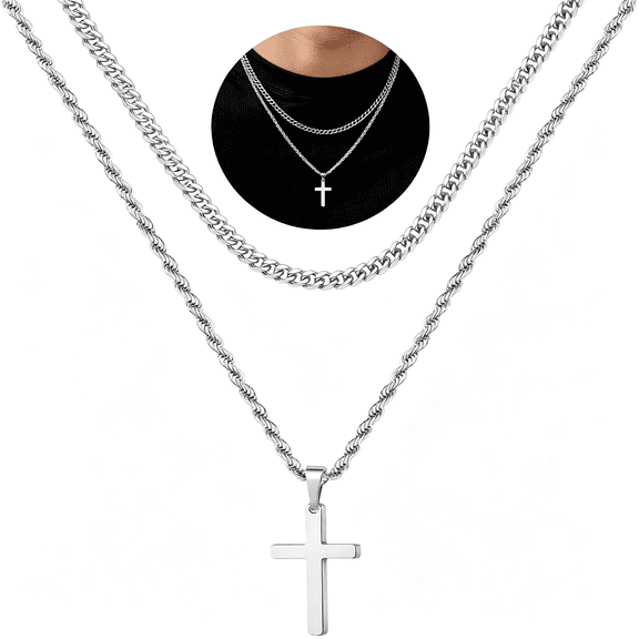 DESIGNICE Cross Necklace for Men, Gold Black Silver Mens Cross Necklaces Stainless Steel Cross Pendant Necklace Simple Jewelry Gifts Cross Chain Necklaces for Men