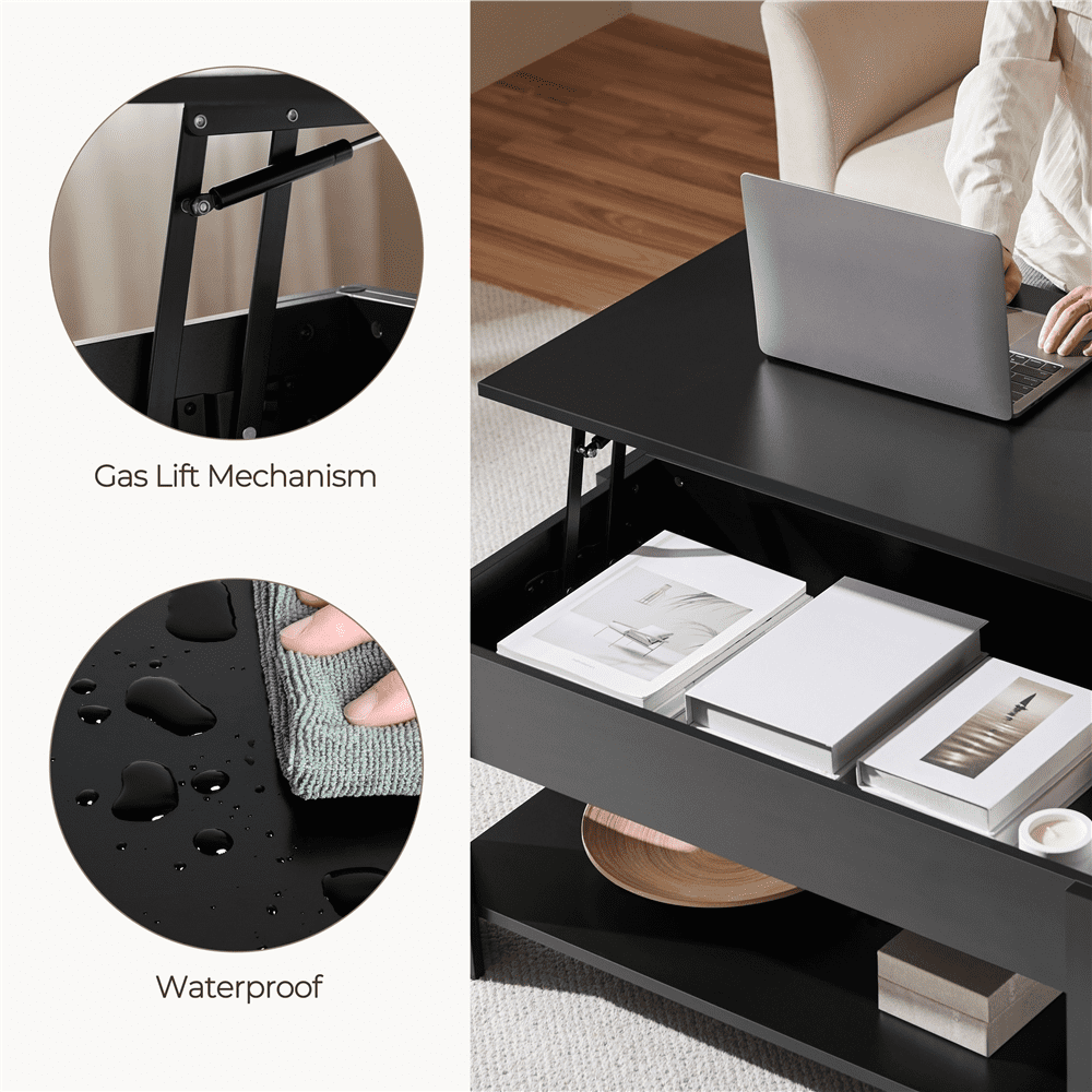 Alden Design Modern 39" Wood Lift Top Coffee Table with Lower Shelf for Living room, Black