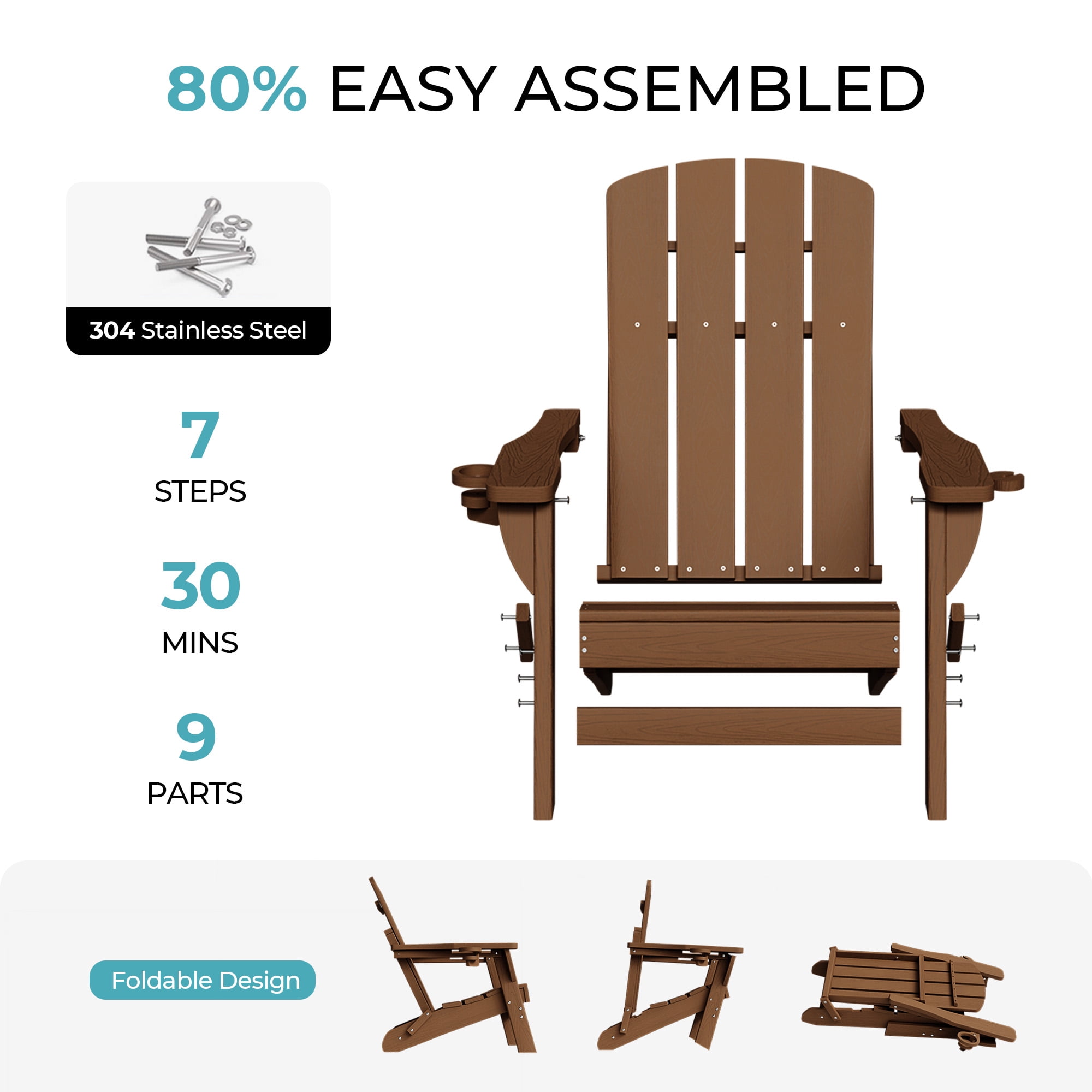 Adirondack Chair Set of 2, Outdoor Folding All-Weather HDPE Adirondack Chairs with 2 Cup Holders for Patio, Brown
