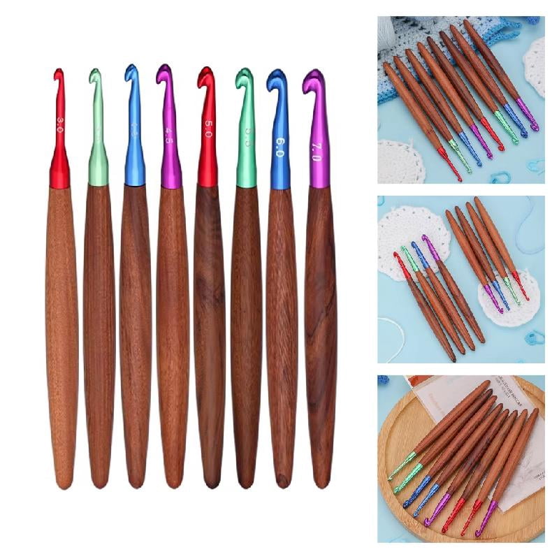 8Pcs Ergonomic Grip Aluminium Crochet Hook 3.0-7.0mm Wooden Handle Crochet Hook Needle for Knitting Sweater Scarf