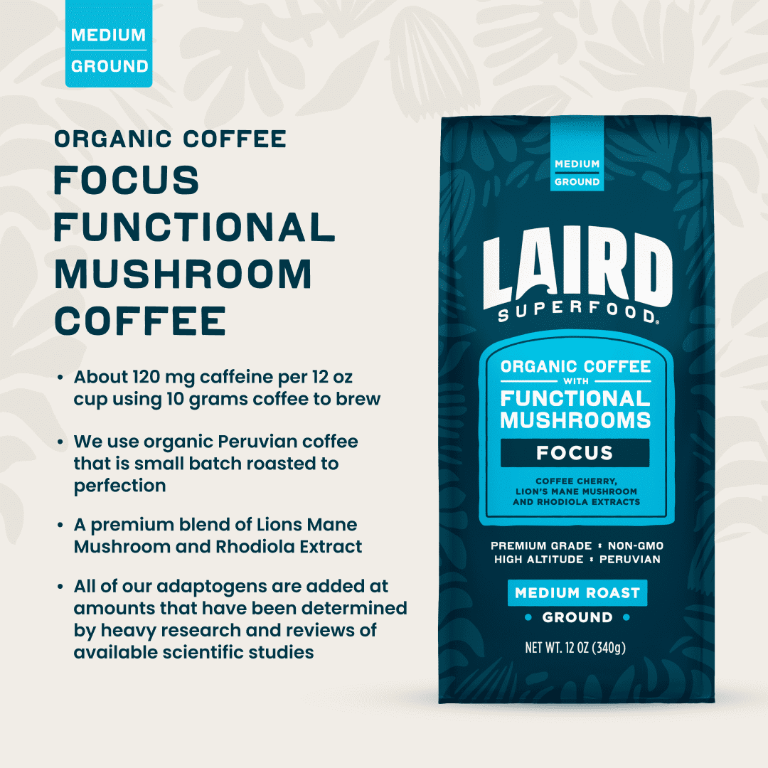 Laird Superfood FOCUS Organic Functional Mushroom Coffee, Medium Roast Ground, High-Altitude Peruvian, USDA Organic, Non-GMO, 12oz