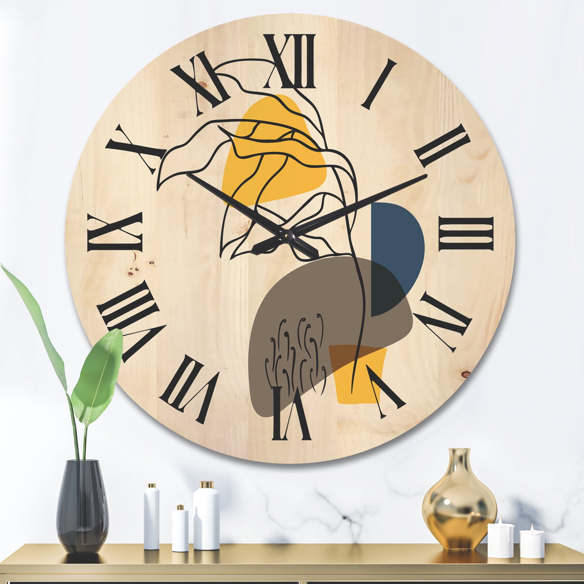Designart 'Abstract Minimal Shapes Under Flowers V' Modern Wood Wall Clock