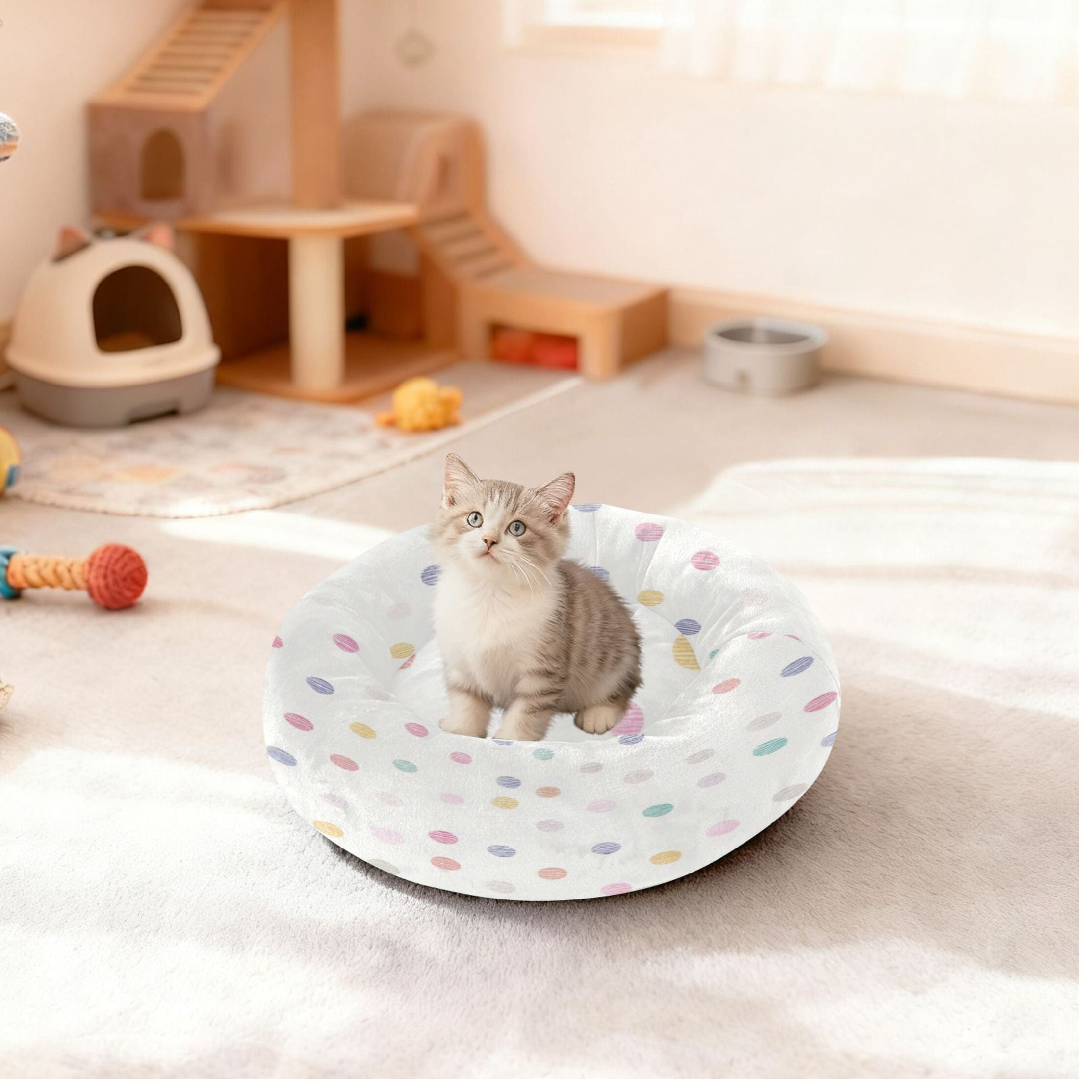 Iauyy Pet Couch Donut Cat Bed for Indoor Cats/Small Dogs Washable & Machine with Non-slip Bottom Calming Cat Furniture, Light-colored Dotted Pattern (M)