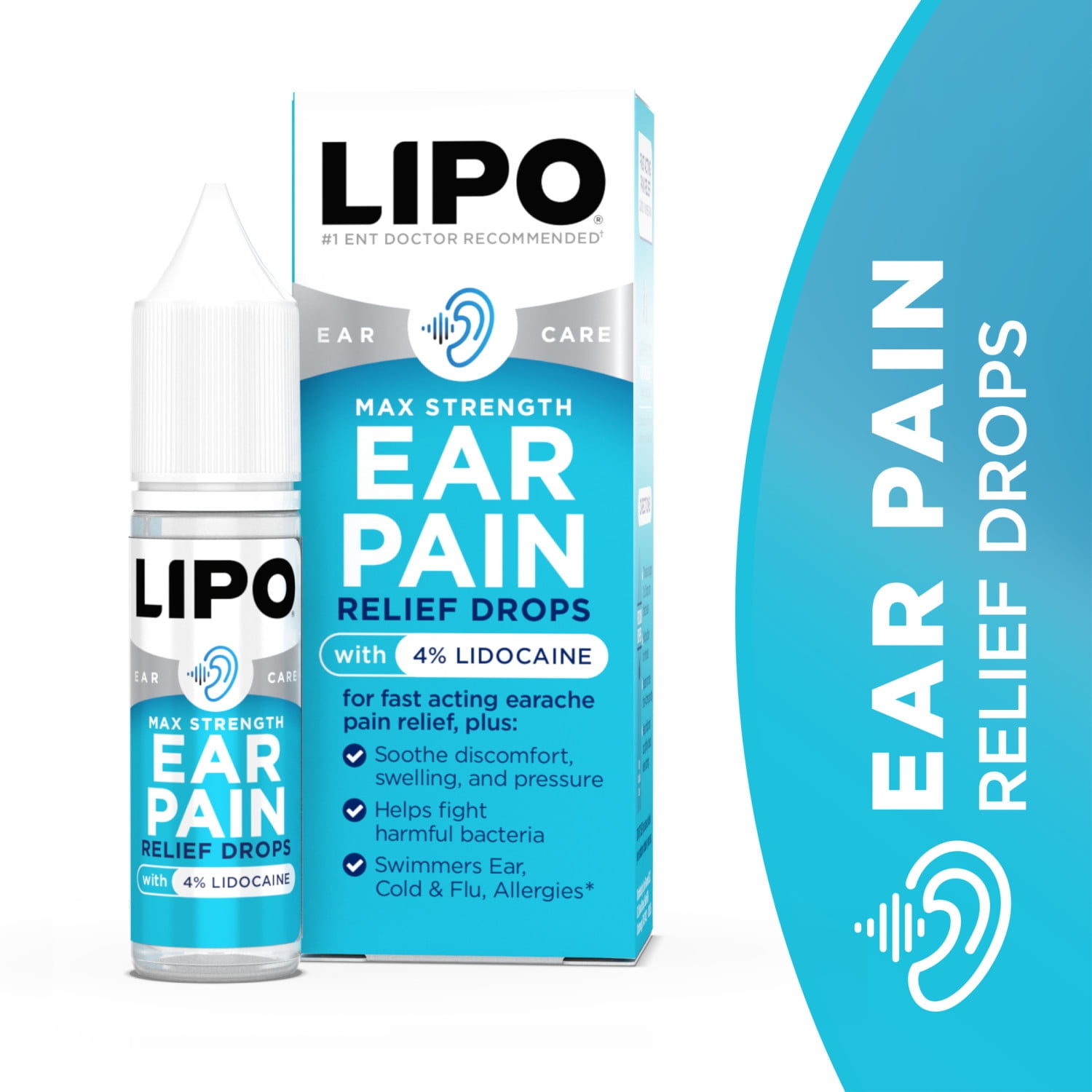 (3 pack) Lipo Flavonoid Ear Pain Relief Drops with 4% Lidocaine, Fast Acting, 12.5mL