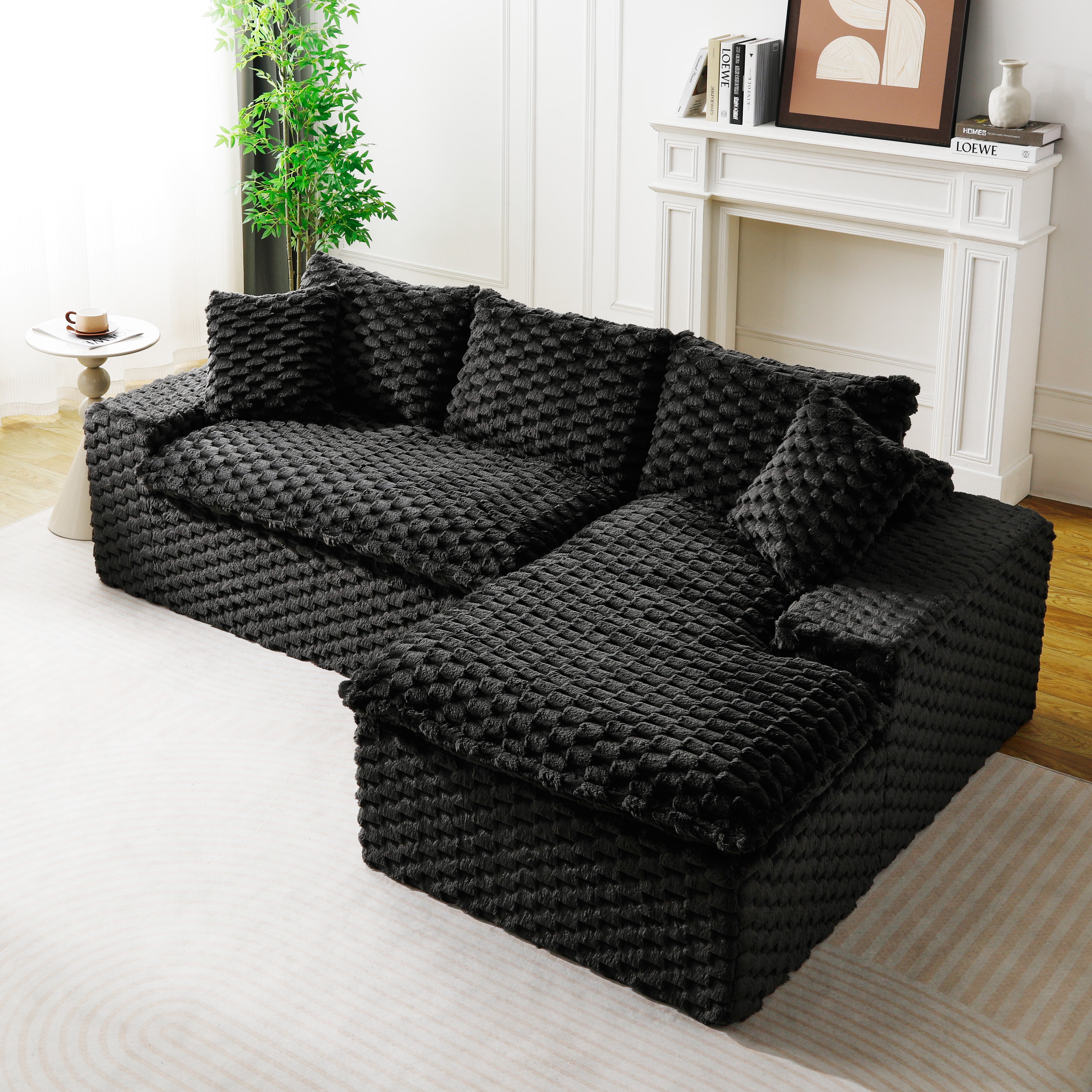 HOQBN 96"W Modular Sectional Sofa,L Shape Modern Corduroy Cloud Couch,Upholstered Deep Seat Boneless Sofa Couch with Right Chaise Lounge for Living Rooms,No Assembly Required,Black