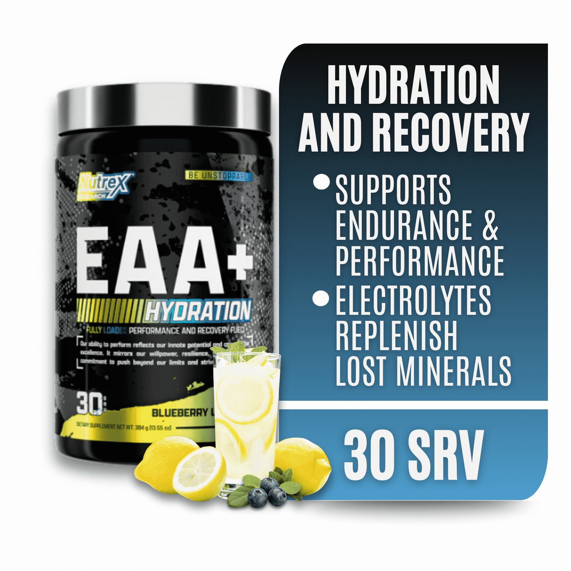 Nutrex Research EAA Hydration | EAAs + BCAA Powder | Muscle Recovery, Strength, Endurance | 8G Essential Amino Acids + Electrolytes | Blueberry Lemonade