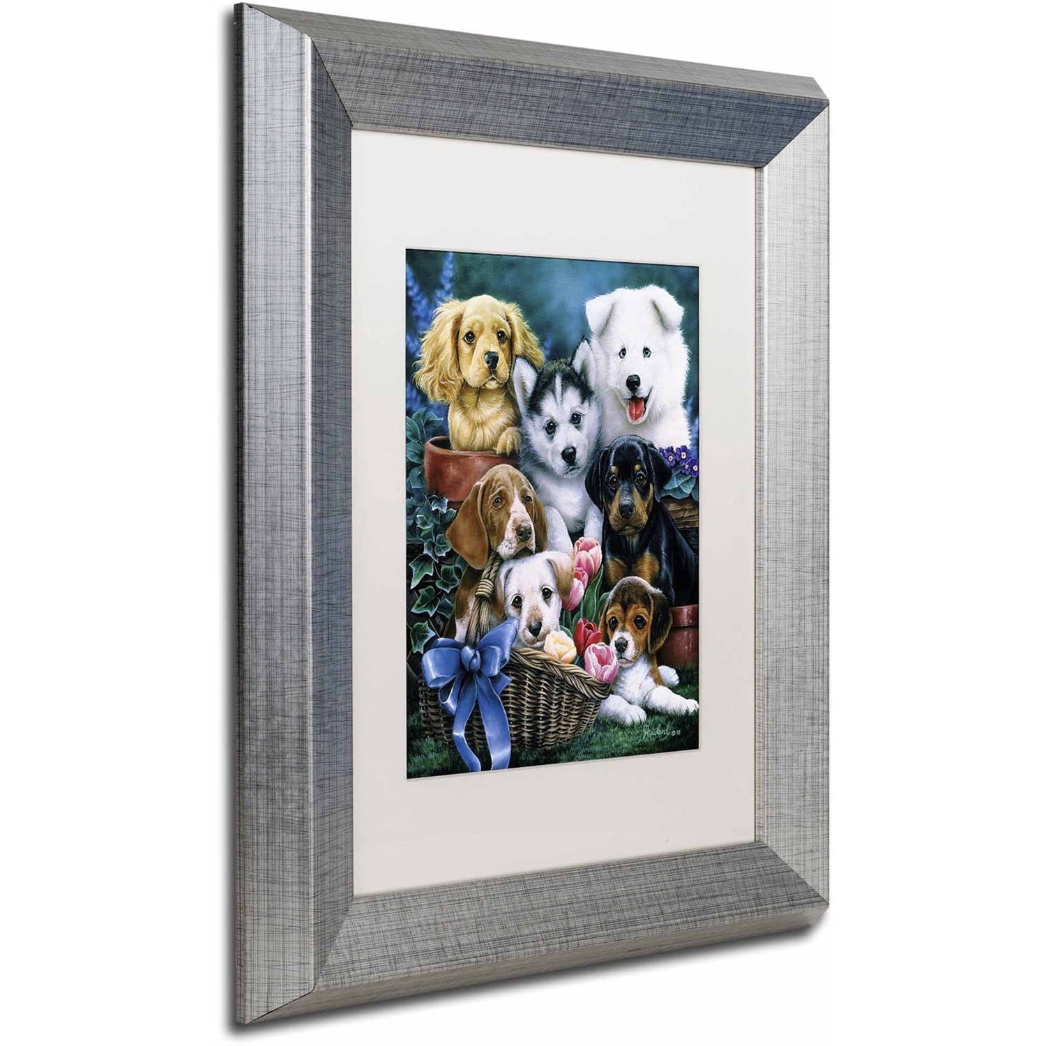 Trademark Fine Art 'Puppies' Canvas Art by Jenny Newland, White Matte, Silver Frame