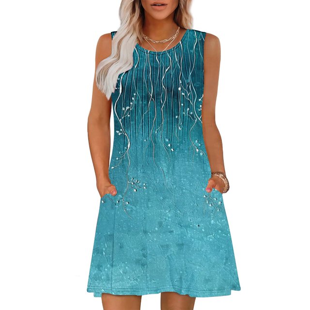Ovzne Robes d'Été pour Femmes Robe Imprimée Sans Manches Col Rond Aguichant Élégante Boîte de Nuit Fête Tunique Mini Robes Décontractées Vacances Robe Imprimée Liquidation