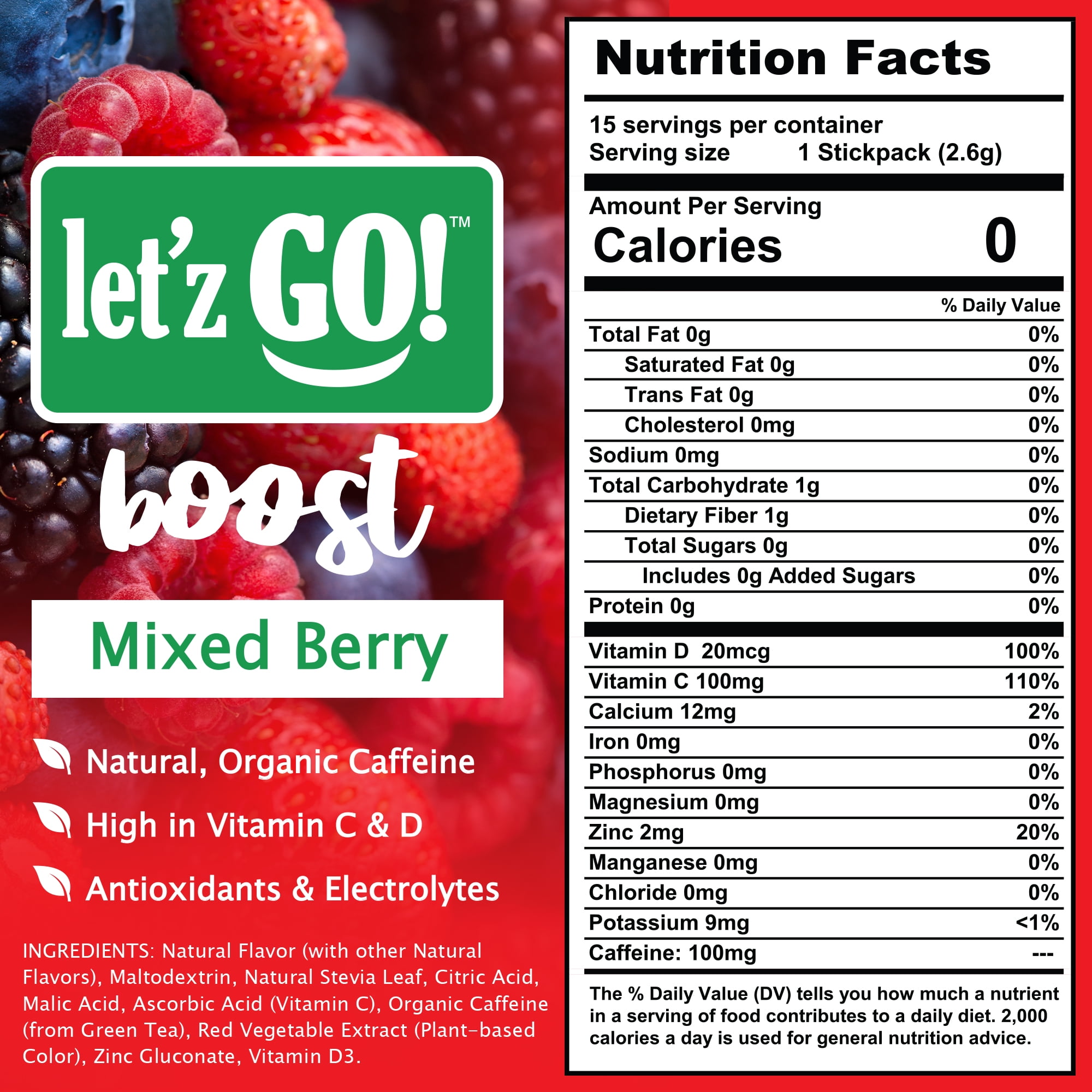 Let'z Go Boost Natural Energy + Hydration Drink Mix Powder - Mixed Berry Flavor - 15Ct