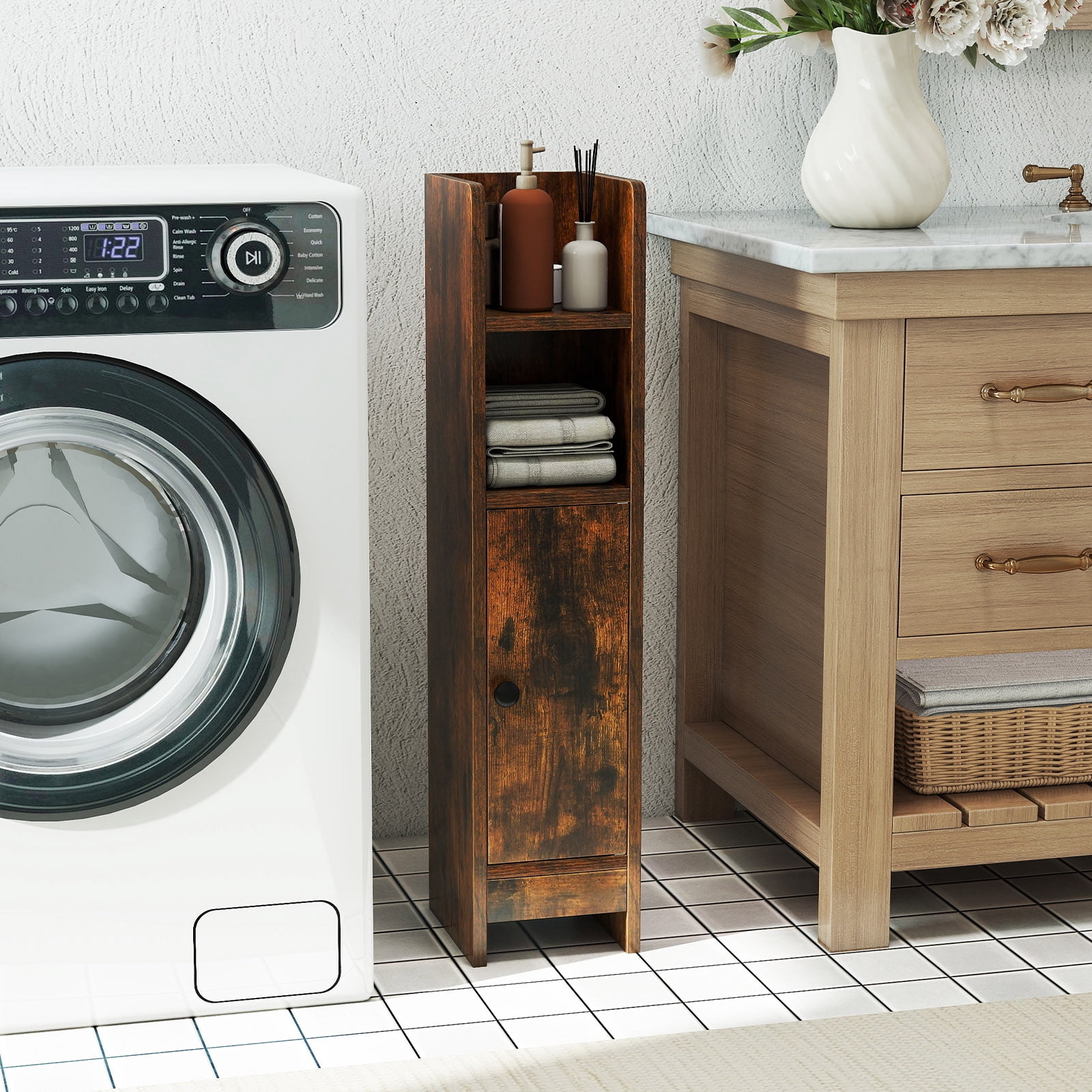 Topbuy Bathroom Storage Cabinet Small Corner Floor Cabinet with Door and Adjustable Shelves Toilet Paper Holder Stand Brown