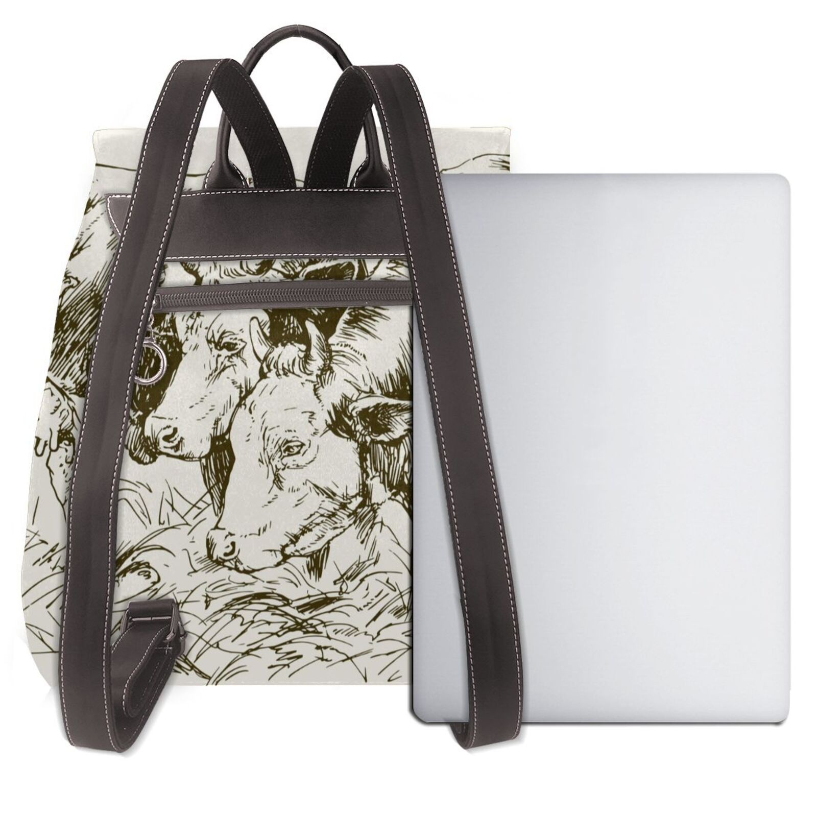 Xecao Cows Grazing On Meadow 1 Print Large Backpack Soft Leather for Women Travel with Compartment, Adjustable Convertible Strap