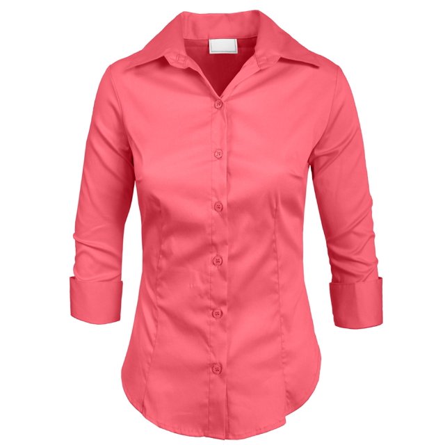 J. METHOD Chemise Boutonnée pour Femme Manches 3/4 Col Roulé Extensible Bureau Travail Formel Décontracté Blouse Basique Haut NEWT01 Corail 2X