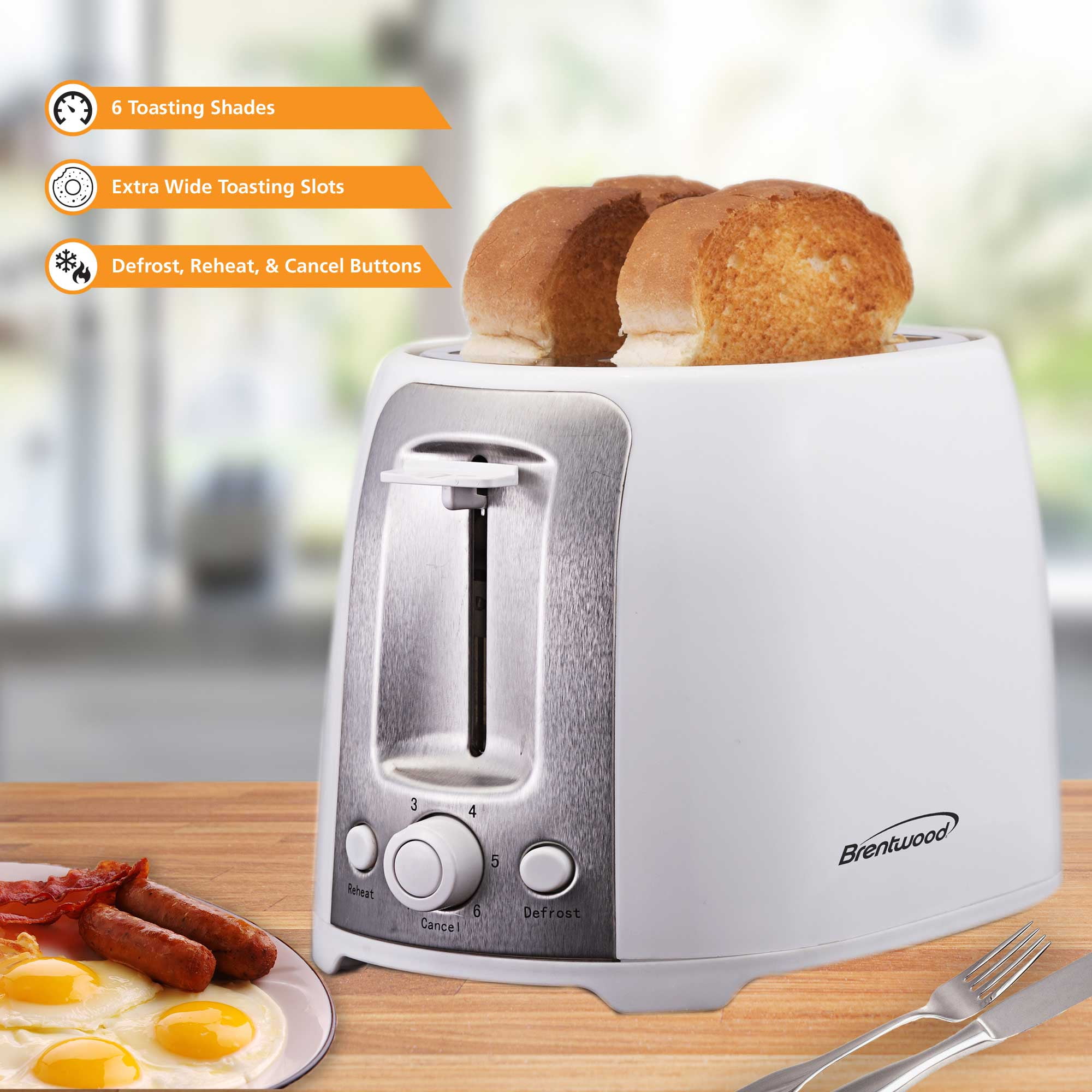 Brentwood 2-Slice Cool-Touch Toaster with Extra-Wide Slots (White and Stainless Steel)