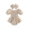 thumbnail image 1 of Coduop Toddler Baby Girls Romper Dress Checkerboard Print Short Sleeve Jumpsuits Dress+Headband, 1 of 7