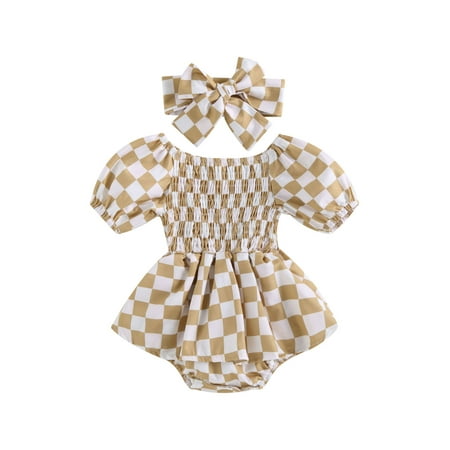 

Niceyoeuk Baby Girls Romper Dress Set Checkerboard Print Jumpsuits and Headband