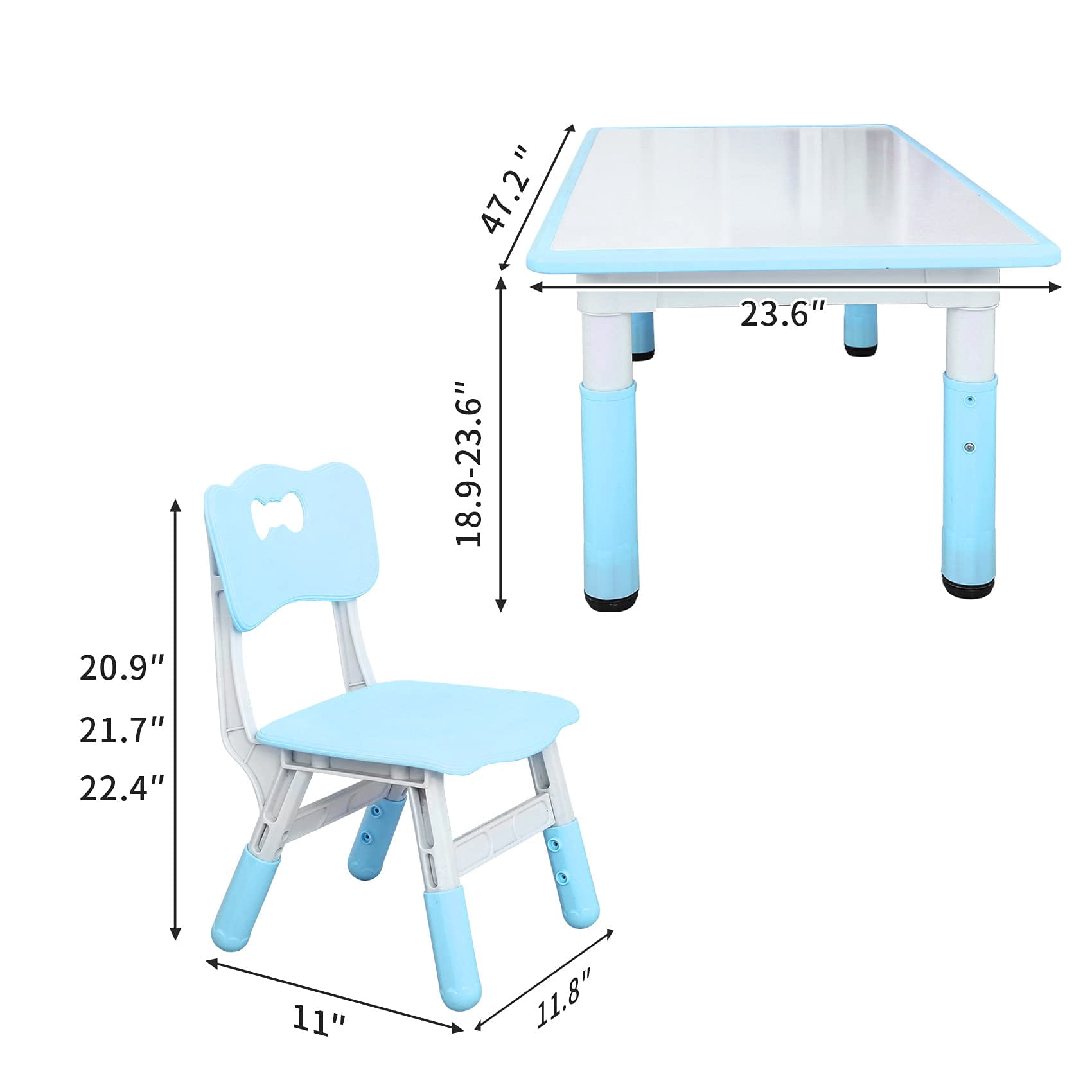 UNICOO® Kids Study Table and Chairs Set, Height Adjustable Plastic Children Art Desk with 4 Seats, Kids Multi Activity Table Set (White Top + Blue Border)