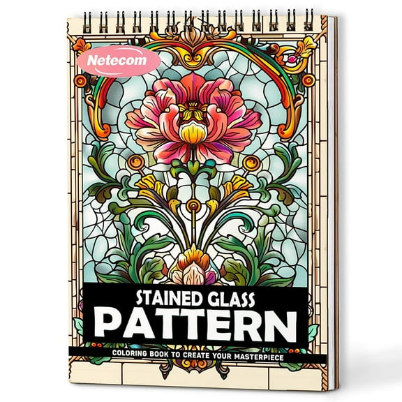 Netecom Stained Glass Pattern Coloring Book Spiral Bound For Adults, A5 Wooden Cover, 30 Elegant Coloring Pages in Stunning Glass Art for Stress Relief and Relaxation